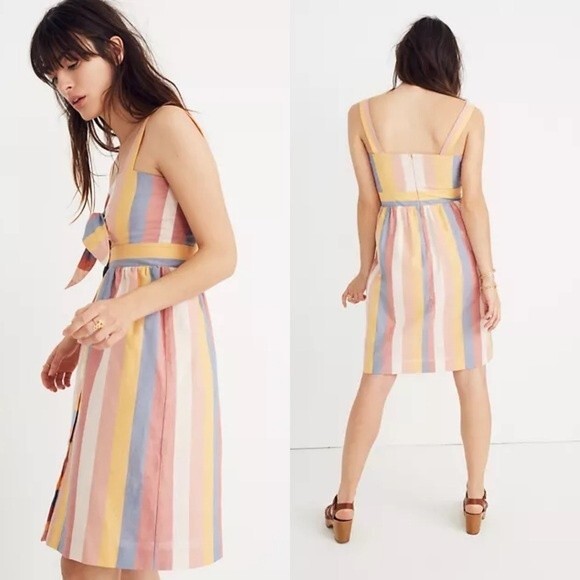 Madewell Tie Front Boho Cutout Button Front Summer Sun Dress Sherbet Stripe 00 - Picture 4 of 14